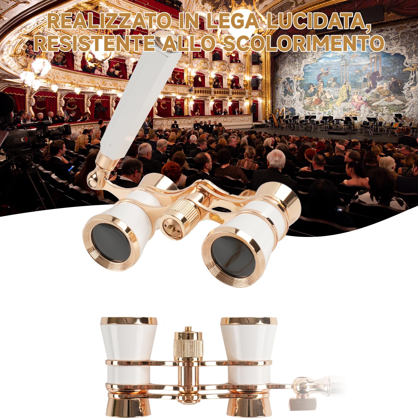 Binocolo da Teatro 3x25 Bianco - Vintage Portatile con Manico e Catena, per Opera, Concerti e Regali