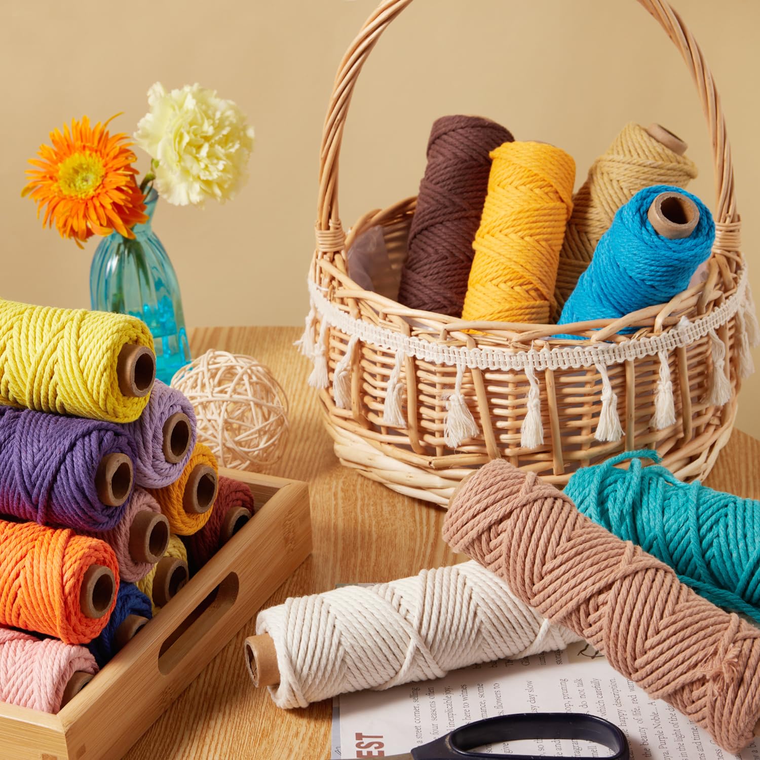 Cordón de macramé de 36 colores de 0.118 in x 1188 yardas, suministros de macramé de color natural, 4 hebras trenzadas, cuerda de algodón, cuerda de hilo de macramé, cuerda para manualidades, colgar 5