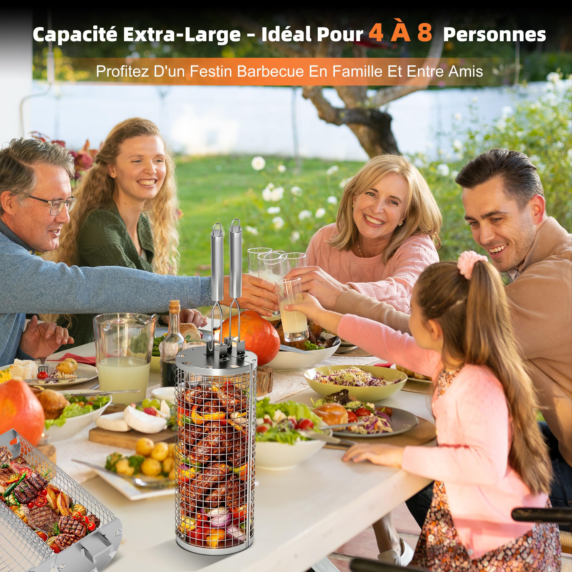 2 x Paniers de Gril en Acier Inoxydable de Rôtisserie, Accessoires de Barbecue avec Ouverture Latérale et Poignée Amovible, BBQ Légumes et les Petits Aliments, Cadeaux de Barbecue pour Hommes