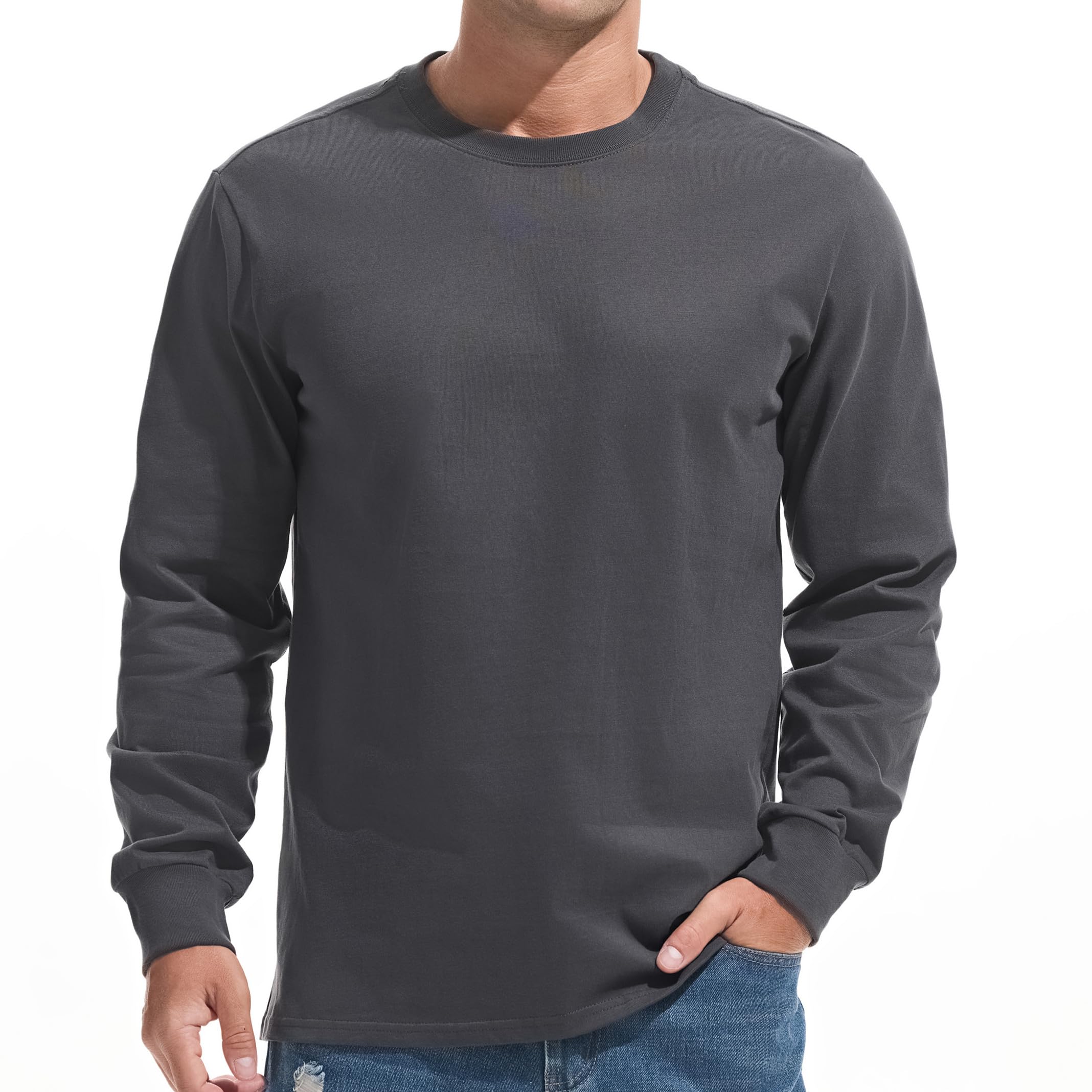 VEIISAR Herren Dickes Rundhals Langarm T-Shirt - Herren 100% Baumwolle Heavy Duty Pre Shrink T Shirt