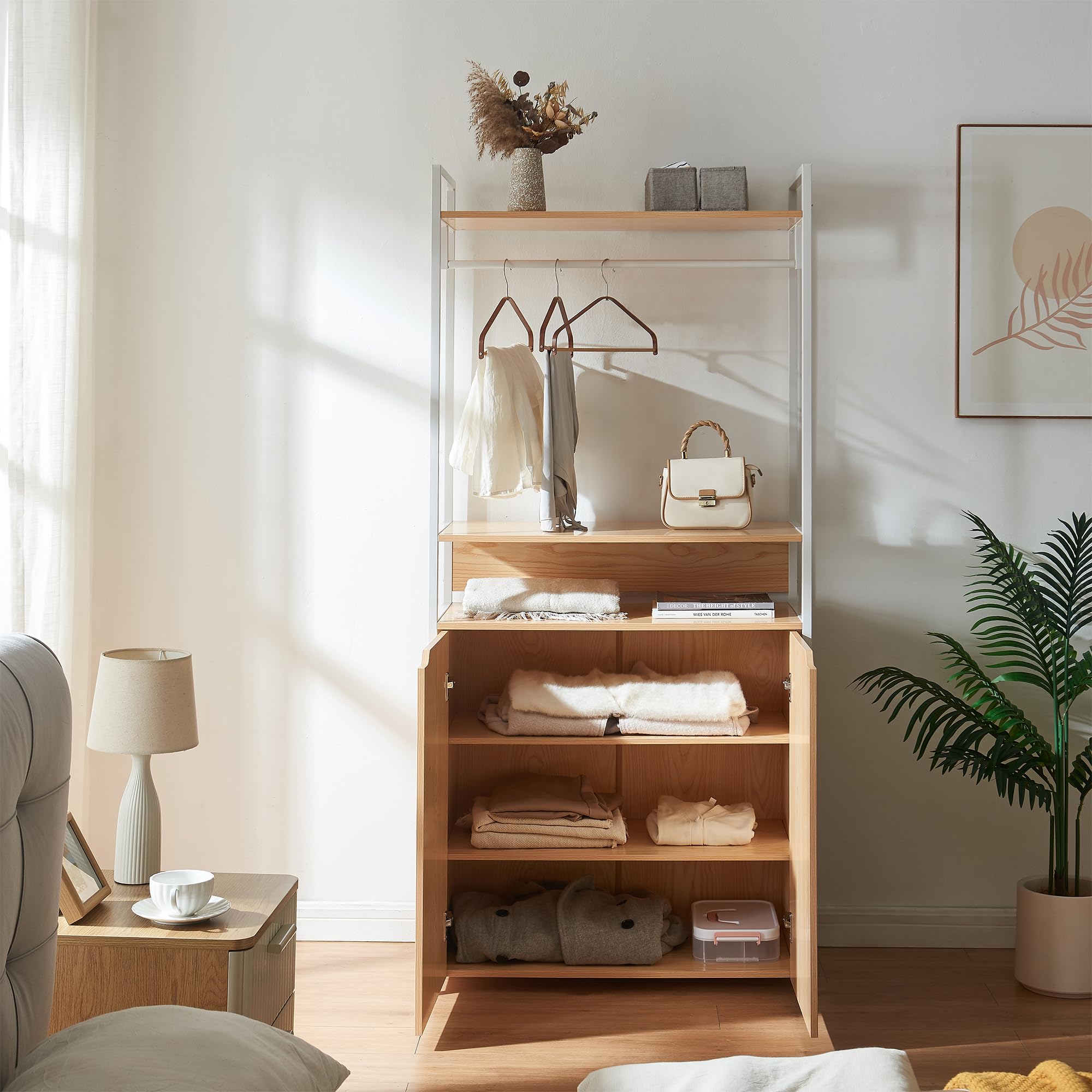 [en.casa] Perchero Burro Larem de Estructura Metálica con Barra y Estante Superior Burro Ropa con 1 Compartimento Abierto y 3 Cerrados Armario para Entrada 180 x 84 x 40 cm - Efecto roble