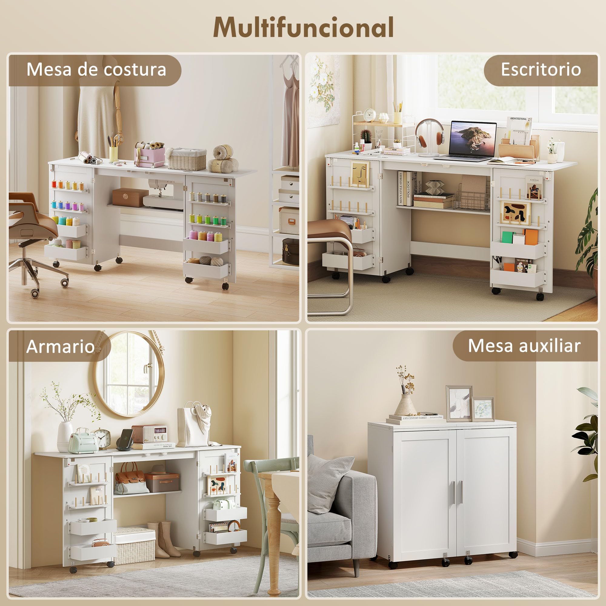 HOMCOM Mesa de Costura Plegable con 6 Ruedas, Mueble para Máquina de Coser con 20 Clavijas para Hilos, 4 Compartimentos, Estante, Armario de Costura para Estudio, Salón, Dormitorio, Blanco