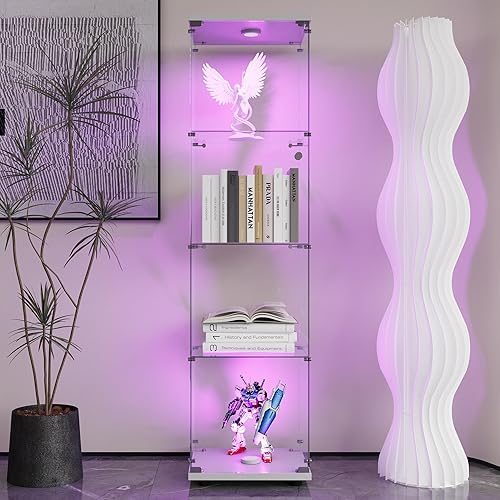 Miniatura 123 de Vitrina de cristal con 4 estantes con tira de luces LED y cerradura, vitrina de vitrina con ruedas y 1 puerta, vitrina de vidrio templado para sala