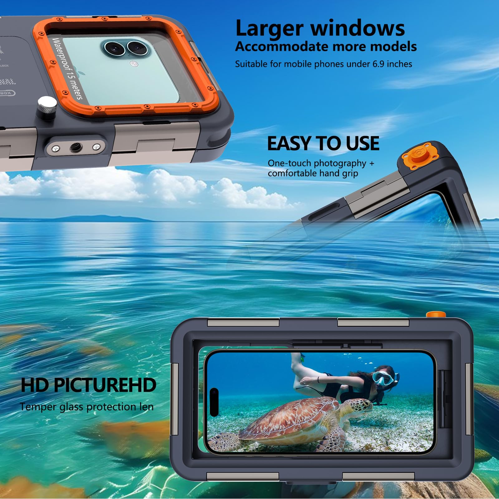 Unterwasser-Tauch-Handyhülle für iPhone 17/16/15/14/13 Pro Max, IP68, 15 m | 15 m tiefes Tauchen, stoßfest, staubdicht, mit Umhängeband, zum Schnorcheln, Tauchen, Schwimmen