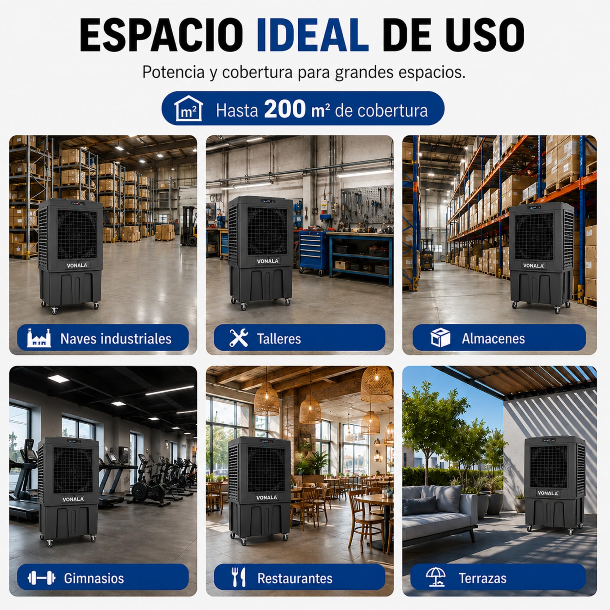 Climatizador Evaporativo Industrial VONALA BLACKOOL20 – Enfriador de Aire Profesional, Depósito 150L, Caudal 20000 m³/h, Cobertura 200m², 500 W, Climatizador Industrial Portátil