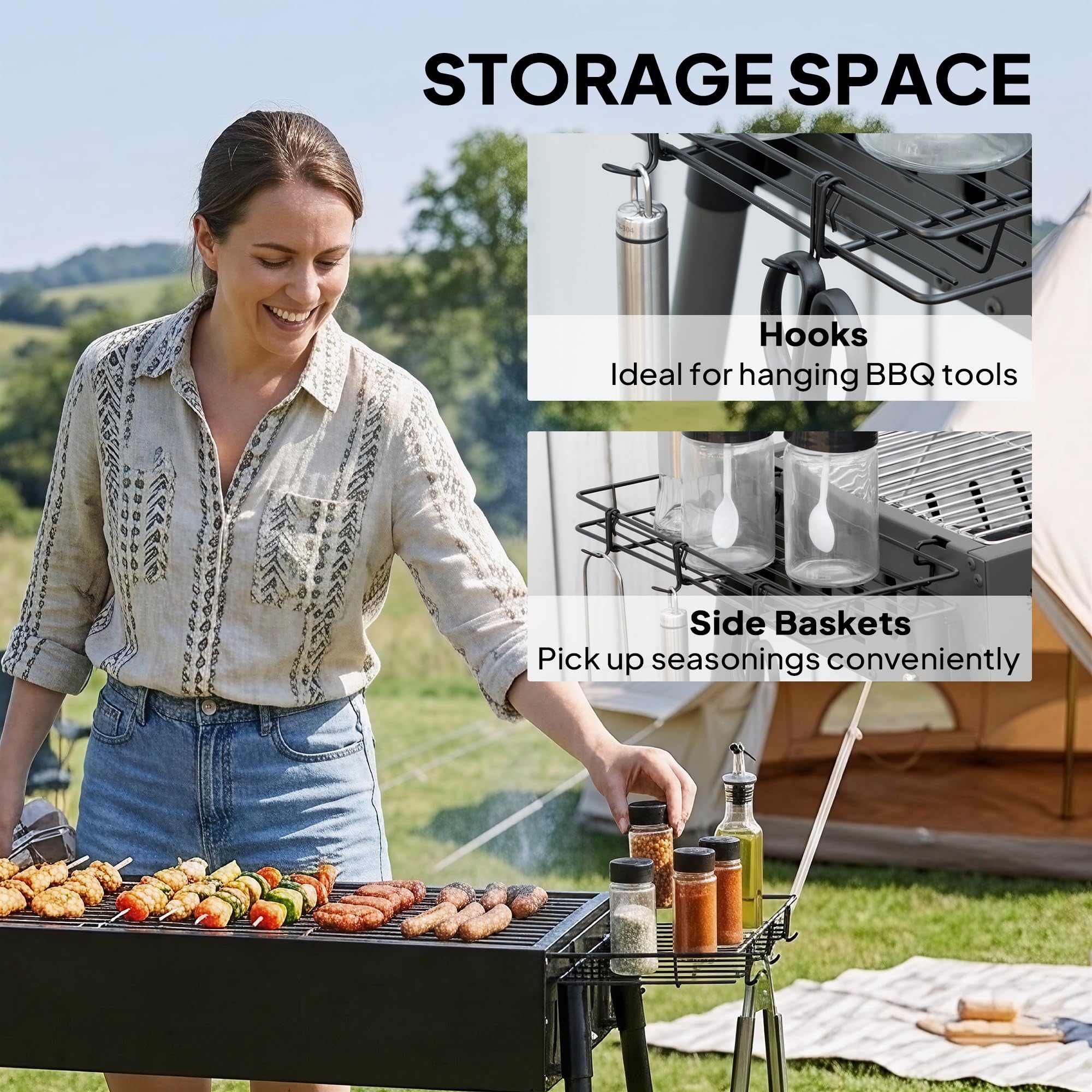 Outsunny tragbarer Holzkohlegrill mit Gewürzkörben und Haken, kompakter Edelstahlkocher für Camping, Picknick, Wandern, Gartenparty, Festival | Gewürzkörbe, kompakter Edelstahlkocher, Camping, Picknick, Wandern, Gartenparty, Festival