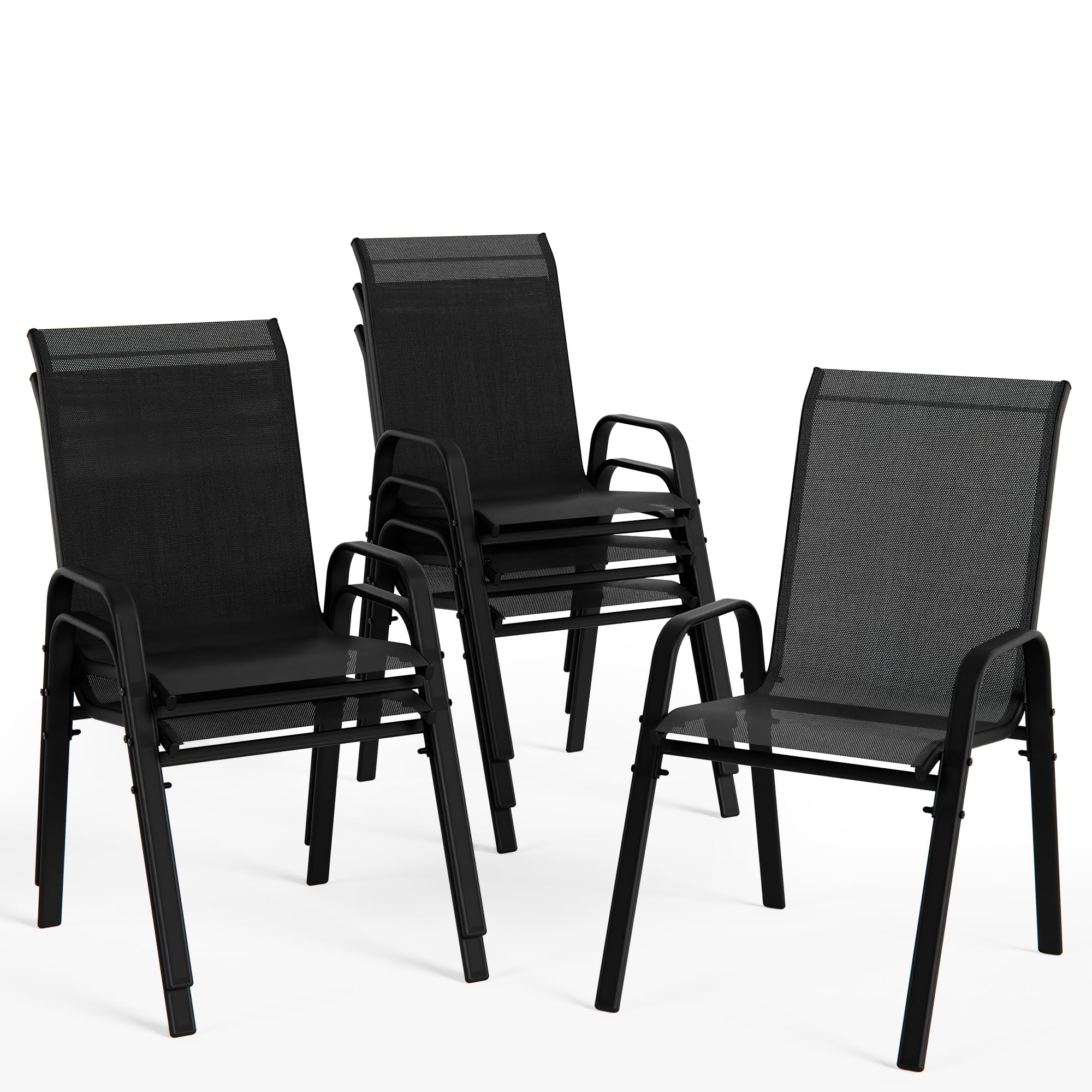 Stapelbare Garten-Esszimmerstühle mit Armlehnen, Textilene Freizeitstühle für Terrasse, Balkon und Hinterhof, robust & pflegeleicht(6-teiliges Set,schwarz)