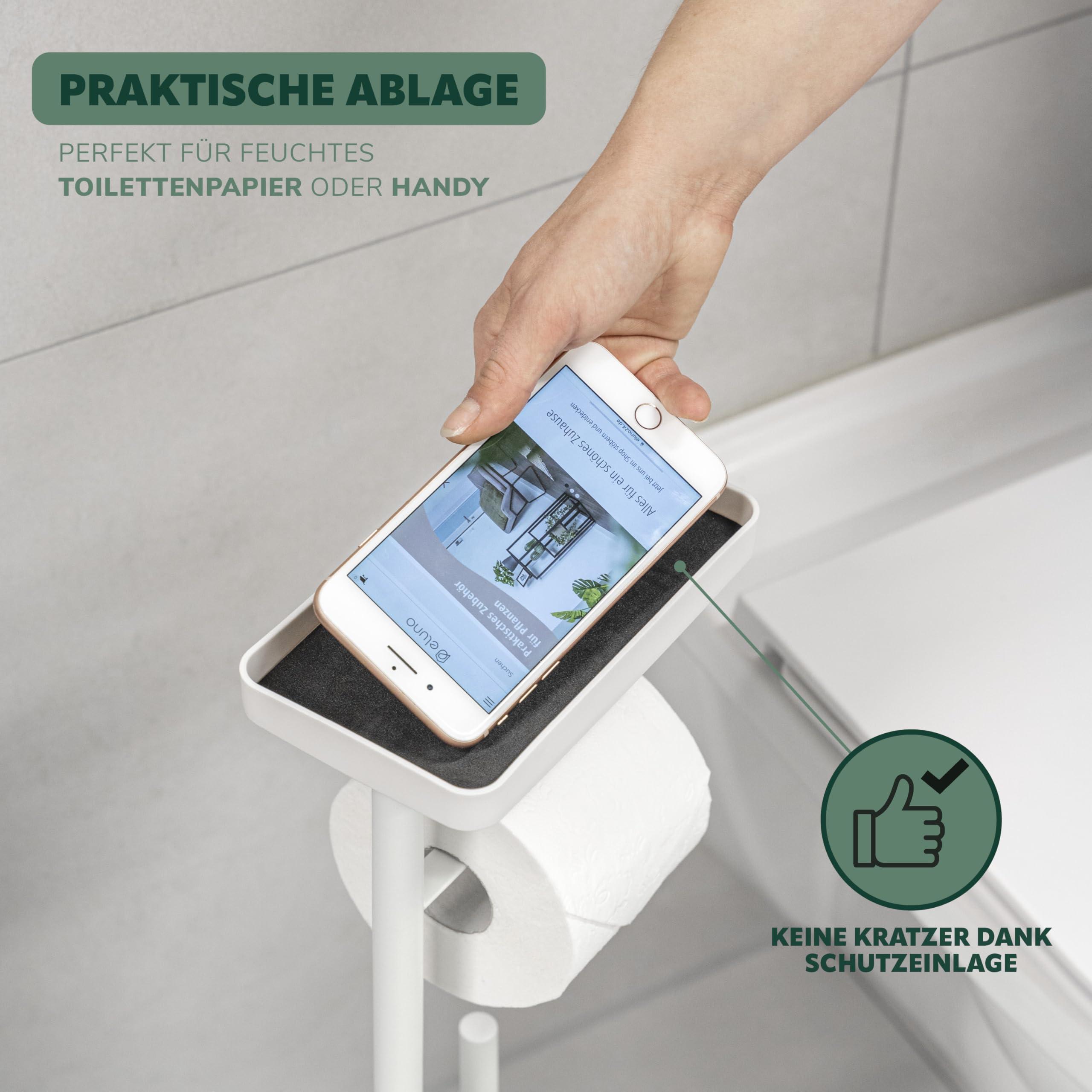eluno Stand-WC-Garnitur 4in1, freistehende Toilettengarnitur inklusive WC-Bürste, 2 Ersatzbürstenköpfe, (Ersatz-) Rollenhalter für 3 Rollen, Ablage, satiniertes Glas und Metall (Weiß)