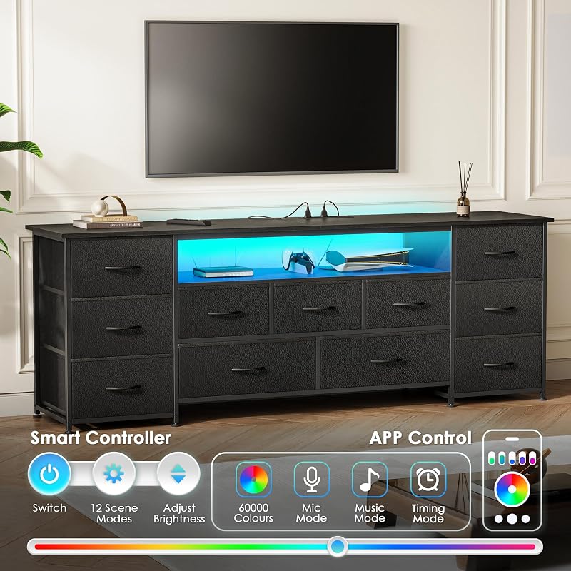 Huuger 63 Inch TV Stand for 65, 70 Inch TV, 11 Drawer Long Dresser with Power Outlets and LED Lights, Entertainment Center with Storage, Black Dresser with PU Leather Surface image 4