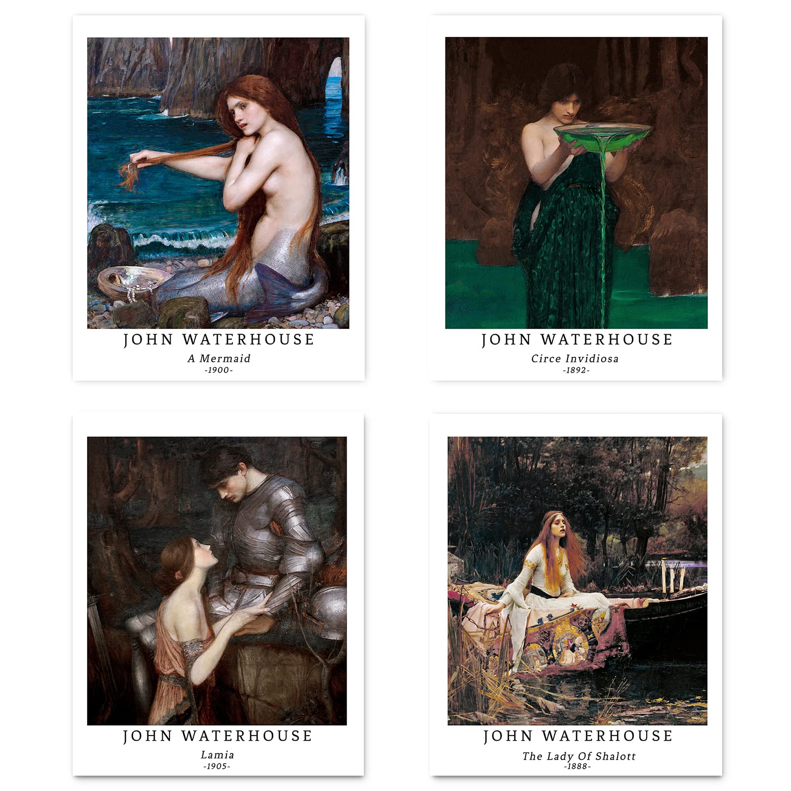 Berkin Arts Wall Art Unframed Prints Giclee Art Paper Set of 4, 8x10 inch Classical Mythology Historical Artwork, Home Decoration Aesthetic Mermaid Love Story Fairy John Waterhouse Print