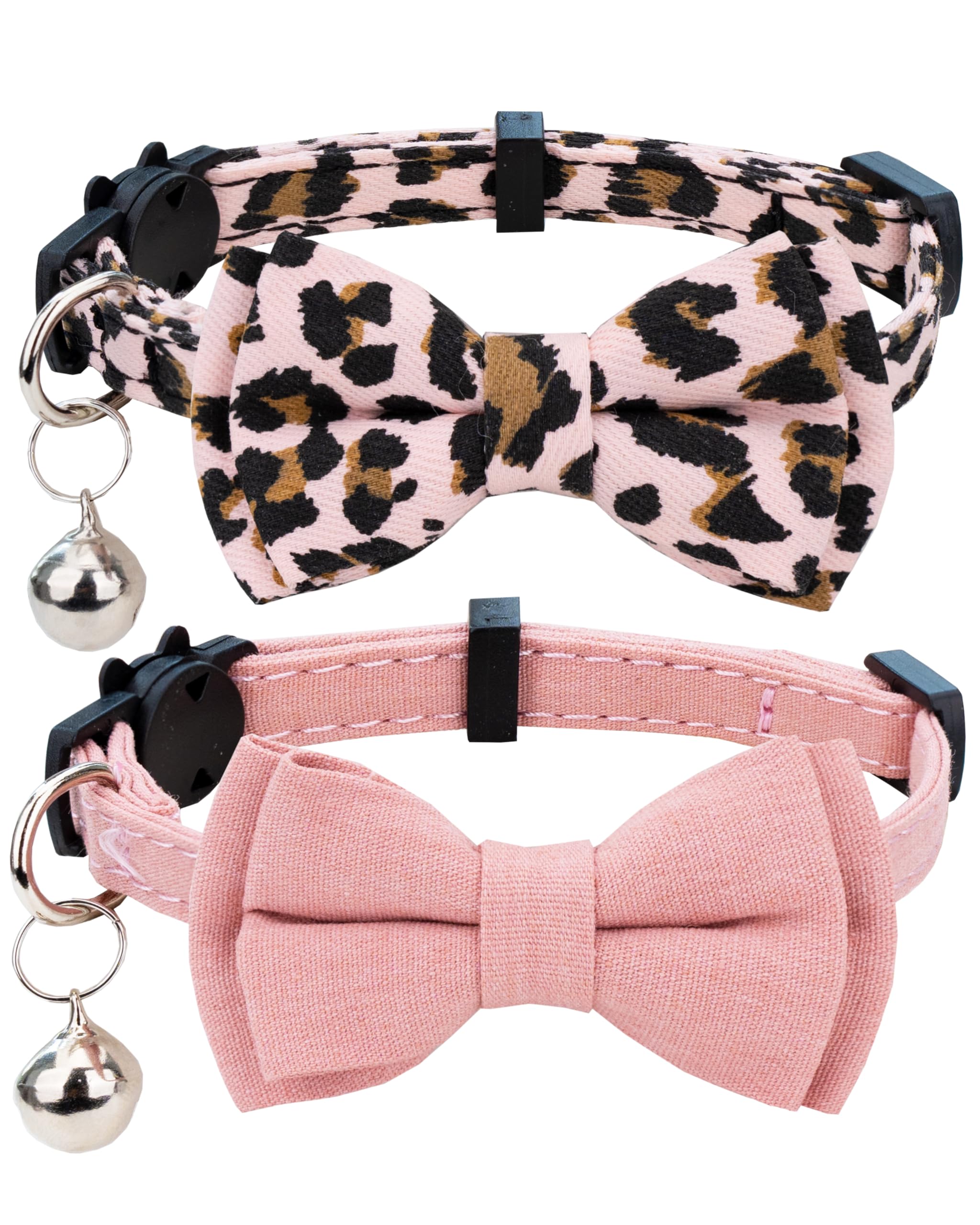 Collar for Cat Pet Breakaway with Bell Bowtie Detachable Bow Adjustable Safety Kitten Puppy Girl Boy 2pcs Pink Leopard & Pure
