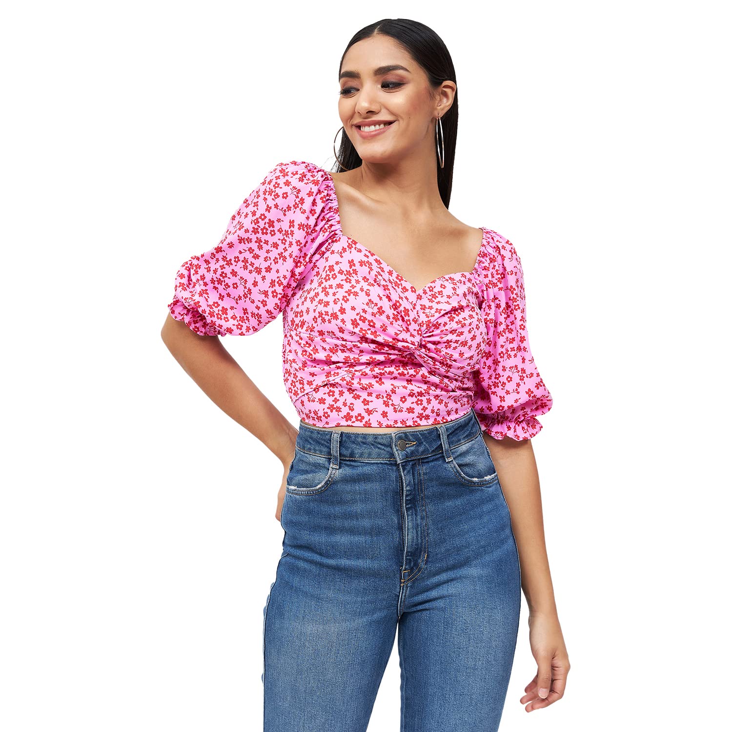 kibo Casual Women's Floral Polyester V Neck Top Pink-picture-47