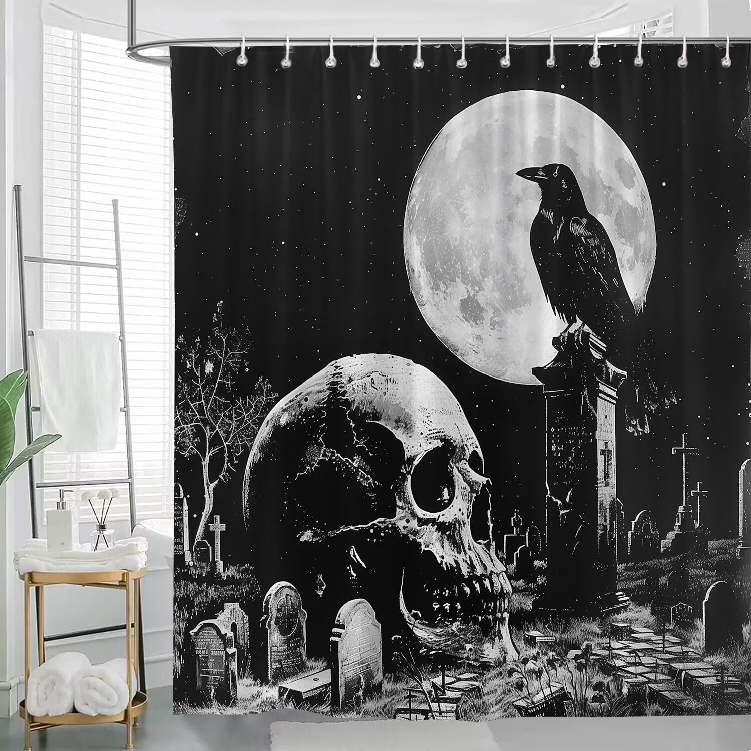 Halloween Shower Curtain Skull and Crow in The Cemetery at Full Moon Night, Vintage Boho Black White Art Animals Bathroom Decor Curtains 94x70 inch with Hook