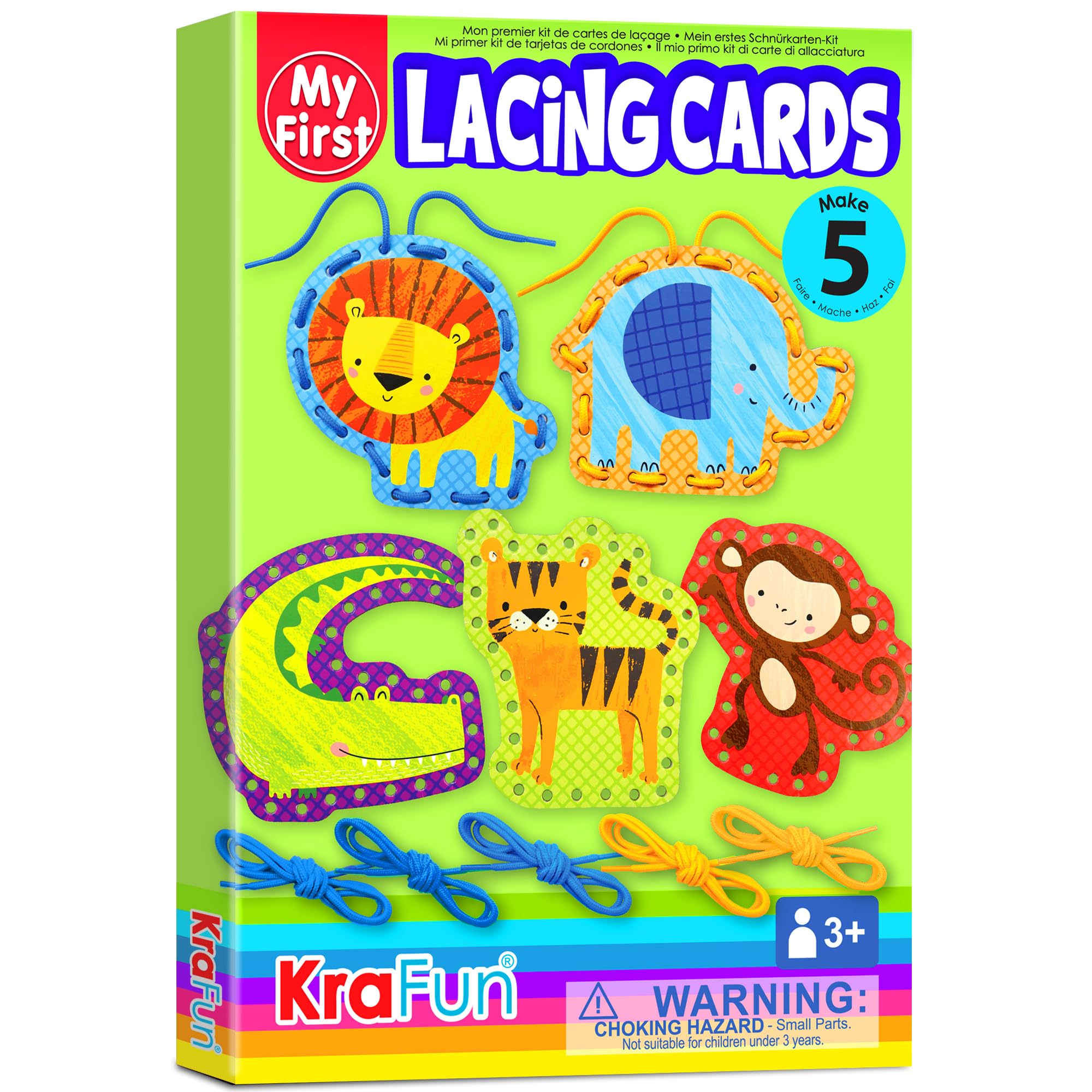 KRAFUN Beginner Preschool Lacing Card Kit for Kids Arts & Crafts, 5 Easy Safari and Animal Lacing Projects, Paper Craft Cards for Toddlers, Fine Motor Skills Training Toys