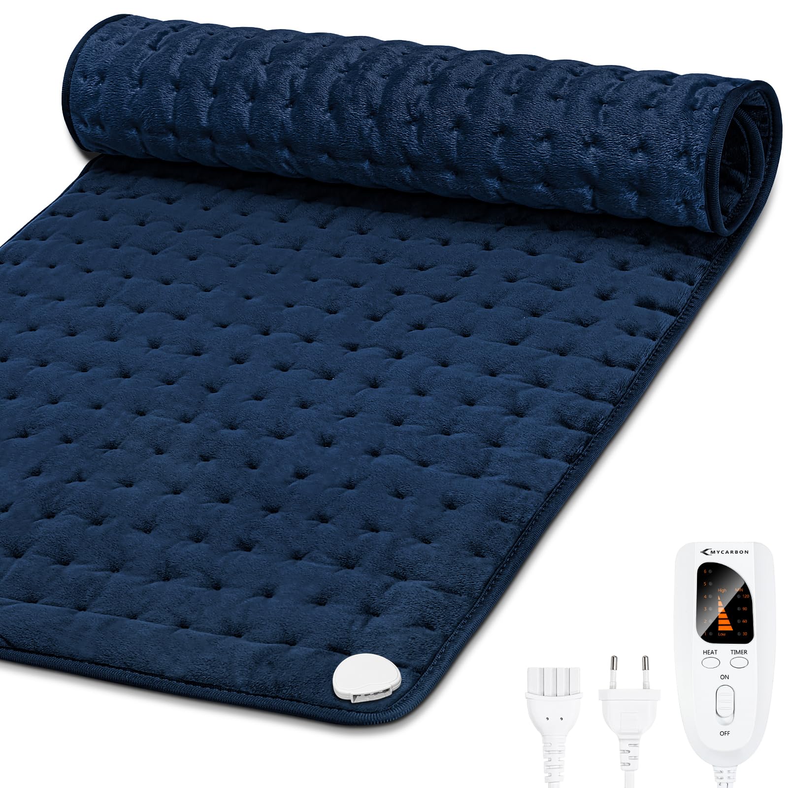 MYCARBON Heizkissen Rücken 92x50cm Wärmekissen mit 6 Heizstufen 4 Timerstufen waschbar Heizdecke mit Abschaltautomatik für Schulter Nacken Bauch Dunkelblau | 4 Timerstufen waschbar Heizdecke mit Abschaltautomatik für Schulter Nacken Bauch Dunkelblau