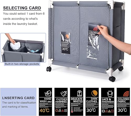 Miniatura 3 de Cesto de lavandería de 2 secciones 110L grande Oxford cesta clasificador de ropa con ruedas rodantes, tapa y tarjetas de clasificación para