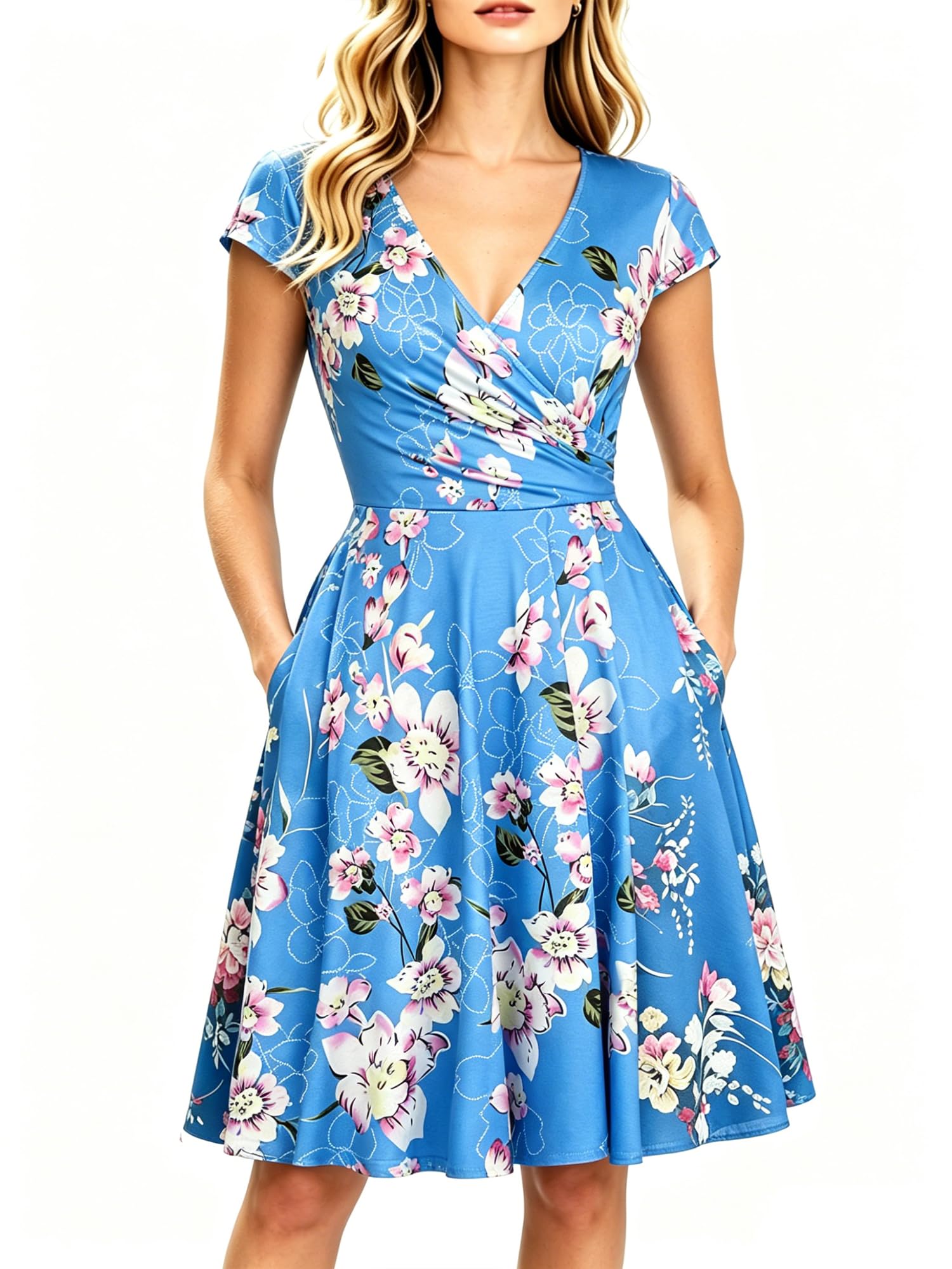 oxiuly Women's Vintage Dot V-Neck Cap Sleeve Casual Pockets Swing Tea Dress OX296