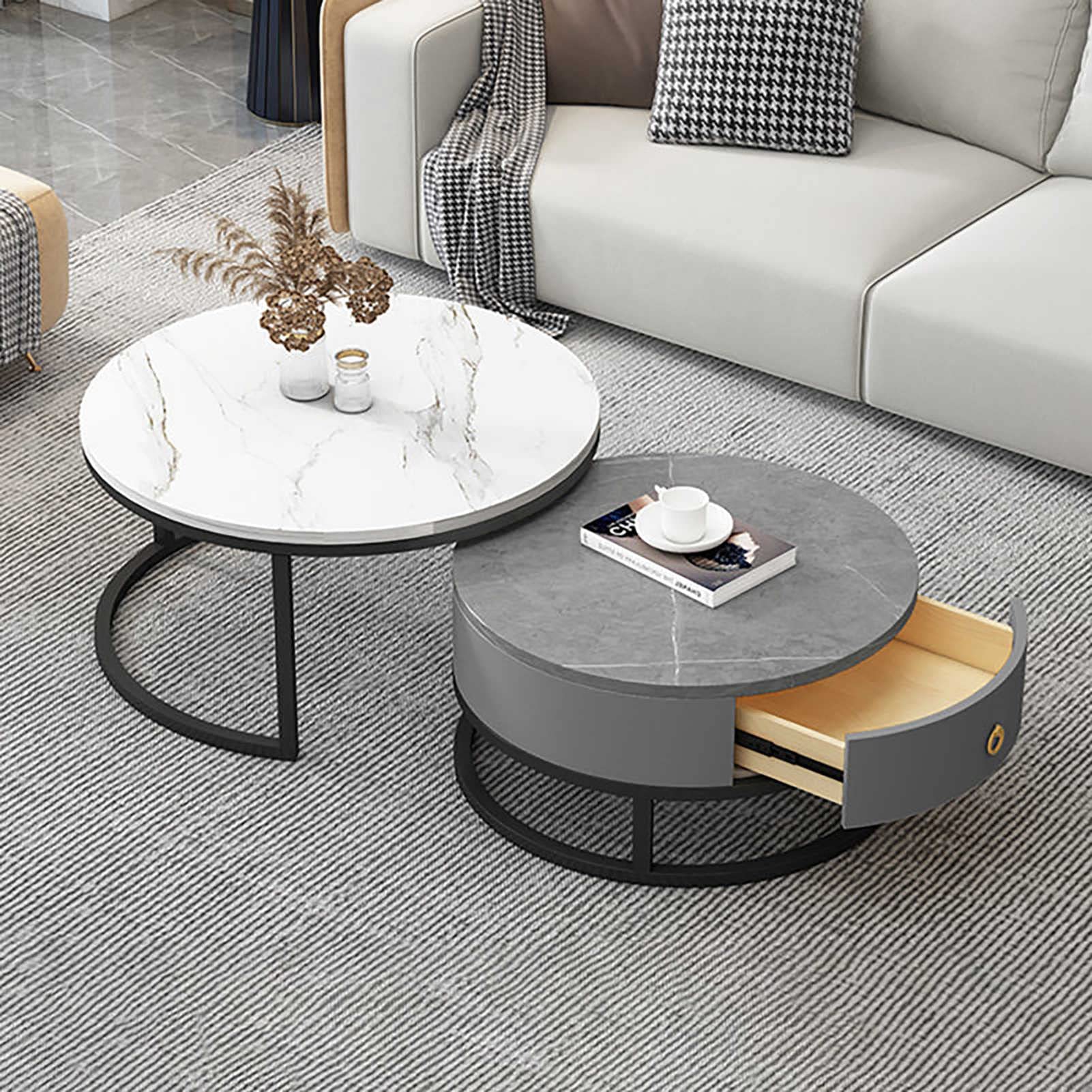 Klydbmyt Slate Marble Texture Nesting Coffee Table Set With Drawer Storage And Metal Frame Modern Living Room Furniture For Decor And Multipurpose Use