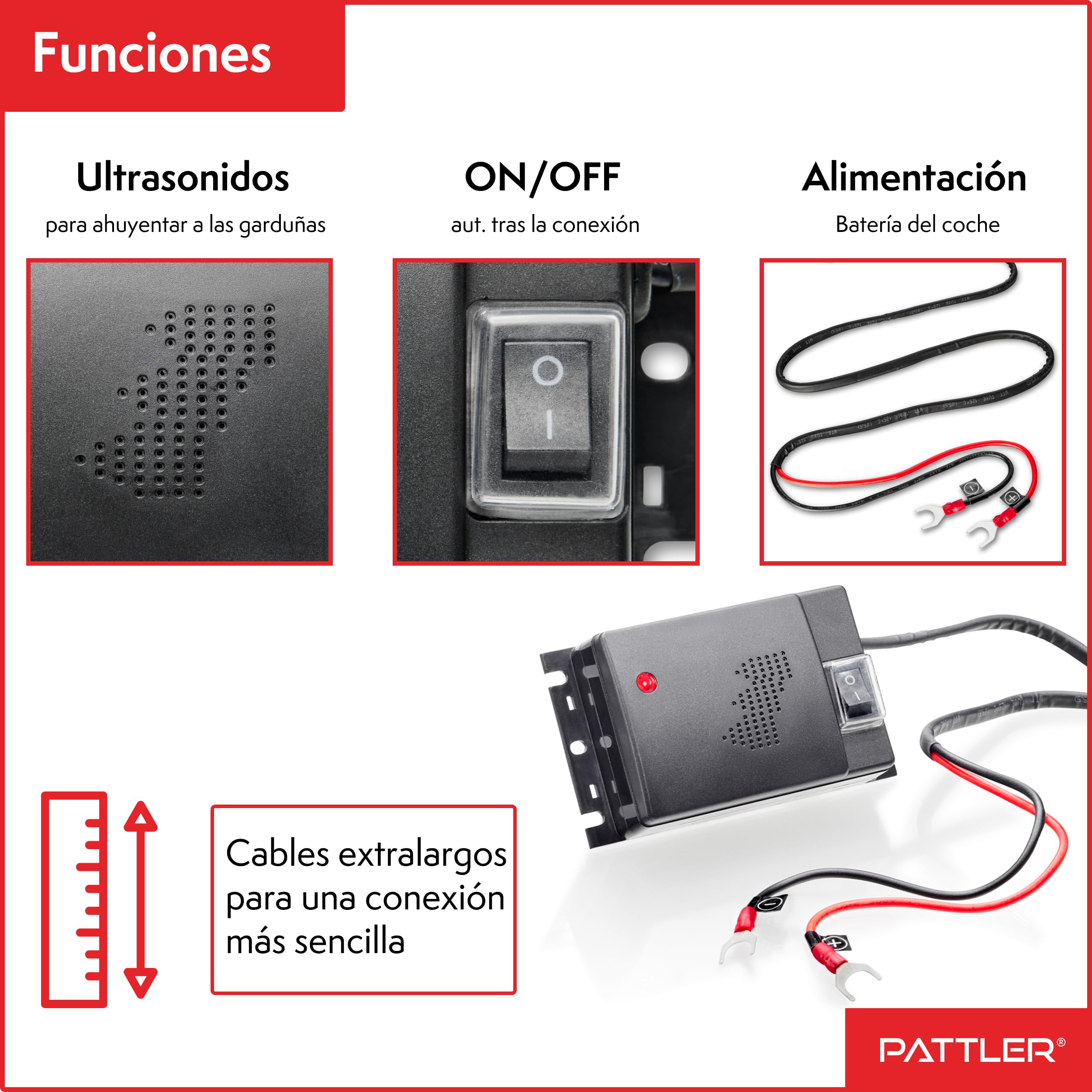 PATTLER Ahuyentador de Martas para Coche 12V con Ultrasonido, Protección para el Compartimento del Motor con Instalación Directa a la Batería del Vehículo – 1 Unidad