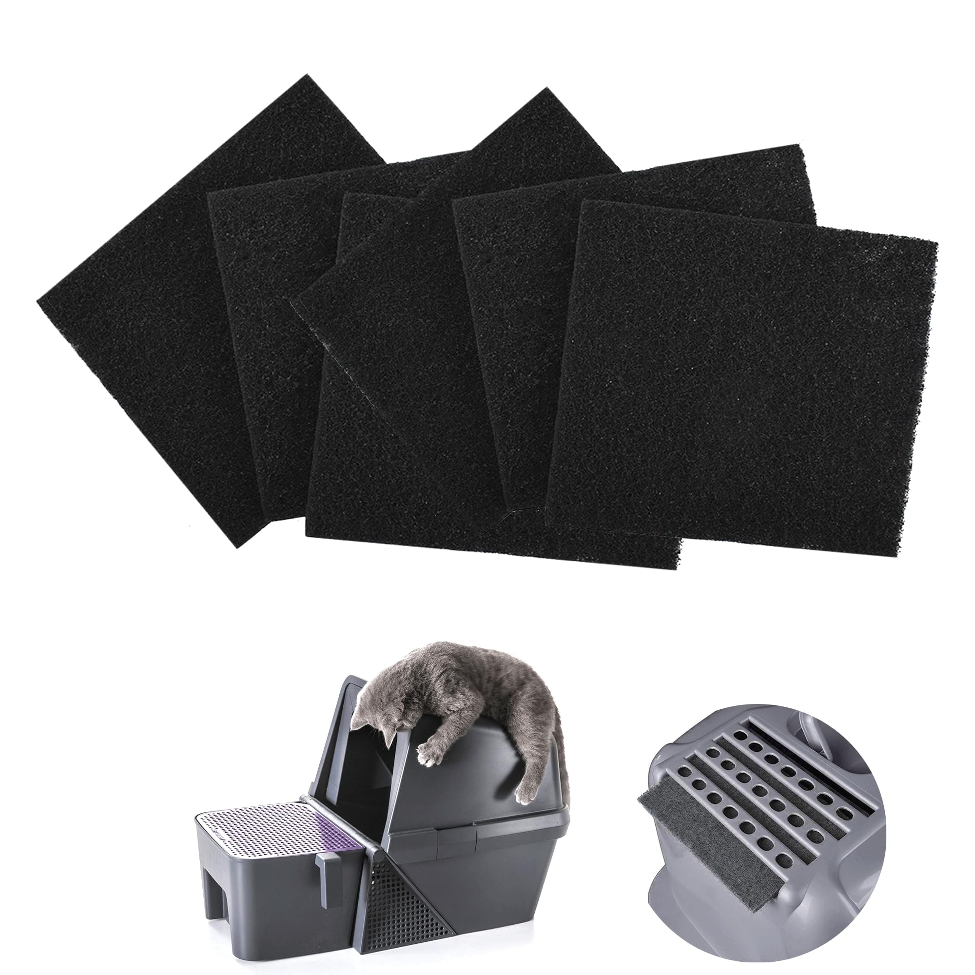 Carbon Filter Replacement Pads for Cat Litter Box, Black, 6 Pack, 4.53x4.13 Inch, Activated Charcoal Odor Control Filters for Hooded Litter Trays