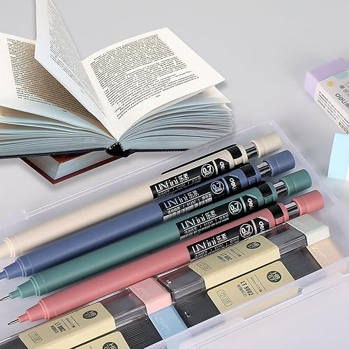 Miniatura 6 de Juego de 4 lápices mecánicos estéticos, bonitos lápices mecánicos, 4 tubos de 0.028 in, repuestos de plomo HB, 3 borradores, suministros escolares