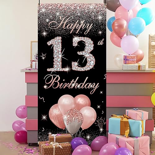 Miniatura 5 de Cartel de telón de fondo para puerta de cumpleaños número 13, color oro rosa, decoración de feliz cumpleaños número 13 para niñas, cartel de tela