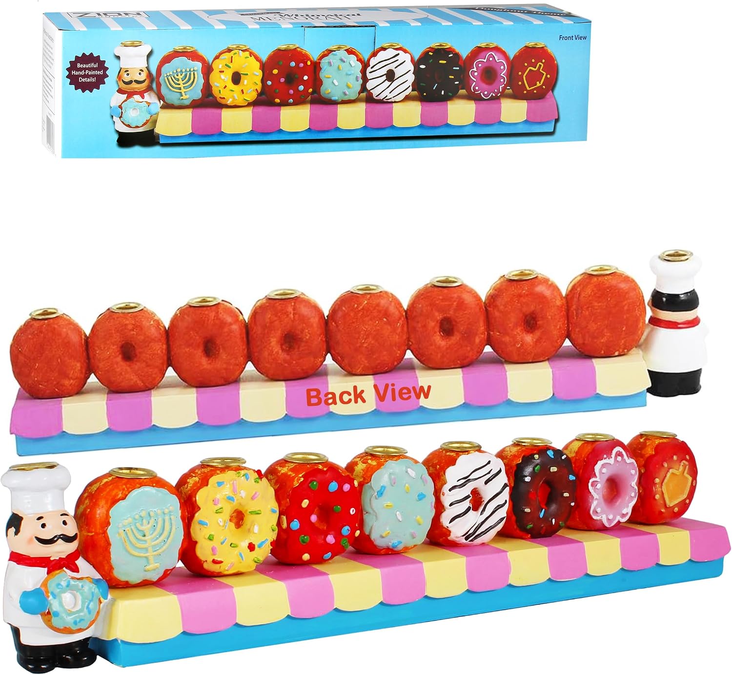 Zion Judiaca Doughnuts Menorah for Children Candle Menorah Hand-Painted Chanukah Sofganiyot Chanukiah for Kids Fits Standard Hanukkah Candles Collectible Chanukiyas
