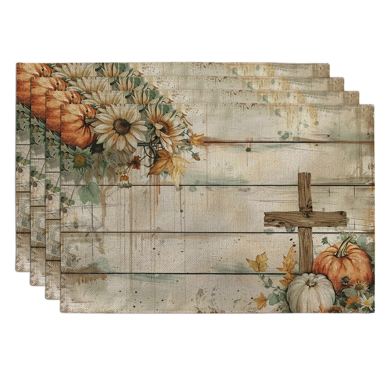 Fall Harvest Floral Placemats, Beige Rustic Pumpkin Place mats for Dining Table, Non-Slip Washable Indoor Outdoor Gathering Decorative Placemat Set of 4