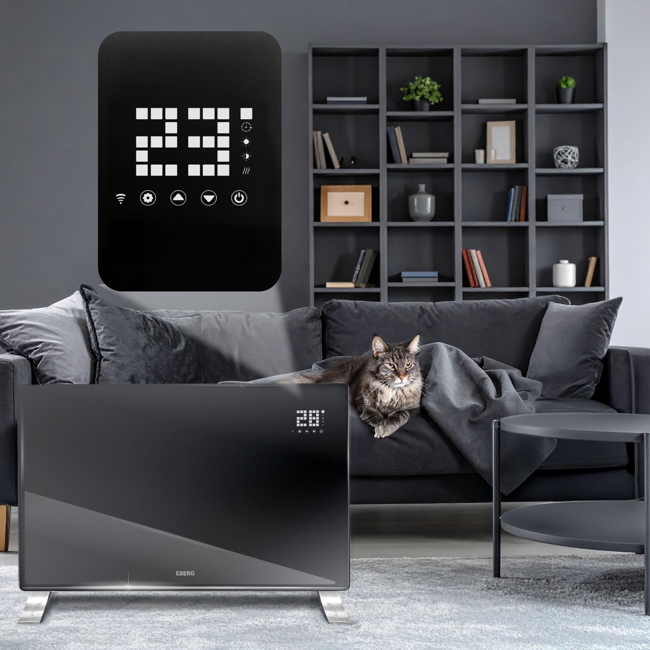 EBERG EVI PRO Grzejnik konwektorowy 2400 W WiFi, szklany panel, pilot, termostat cyfrowy, montaż ścienny lub stojący