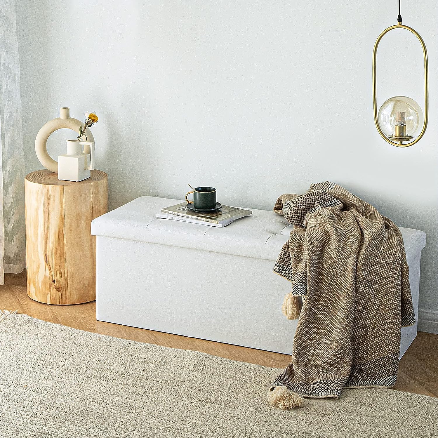 BOLLI Pouf avec Espace de Rangement 110x38x38 cm, Canapé Pouf avec Coffre de Rangement, Repose-Pieds en Forme de Cube avec Couvercle Rembo - Blanc