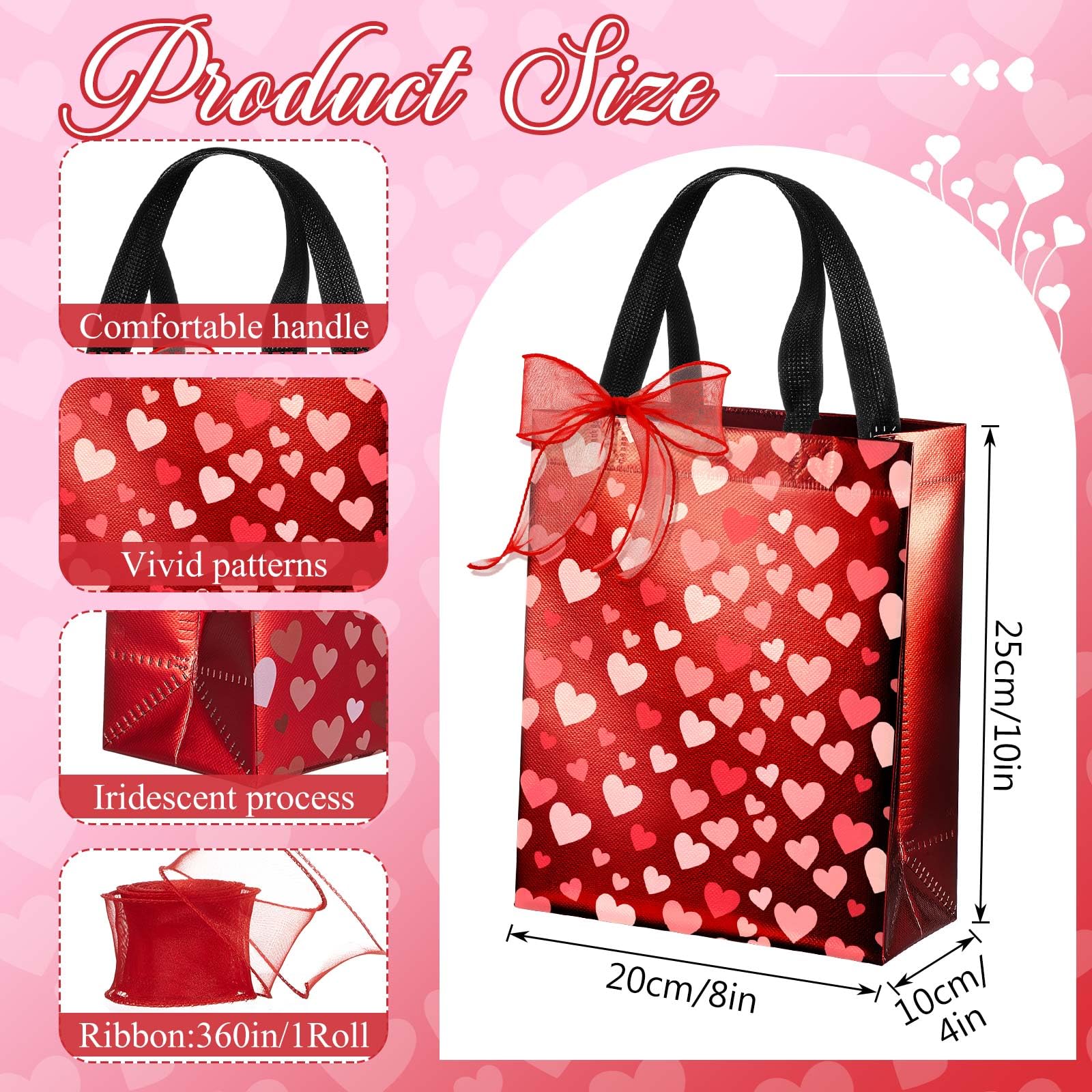 Henoyso 12 Pcs Valentines Day Gift Bags, Reusable Heart Gift Bags with Handle Ribbon, Iridescent Non-woven Holographic Medium Sparkly Tote Bulk for Valentines Party Favor Goodie Wrapping, 10 x 8 x 4''