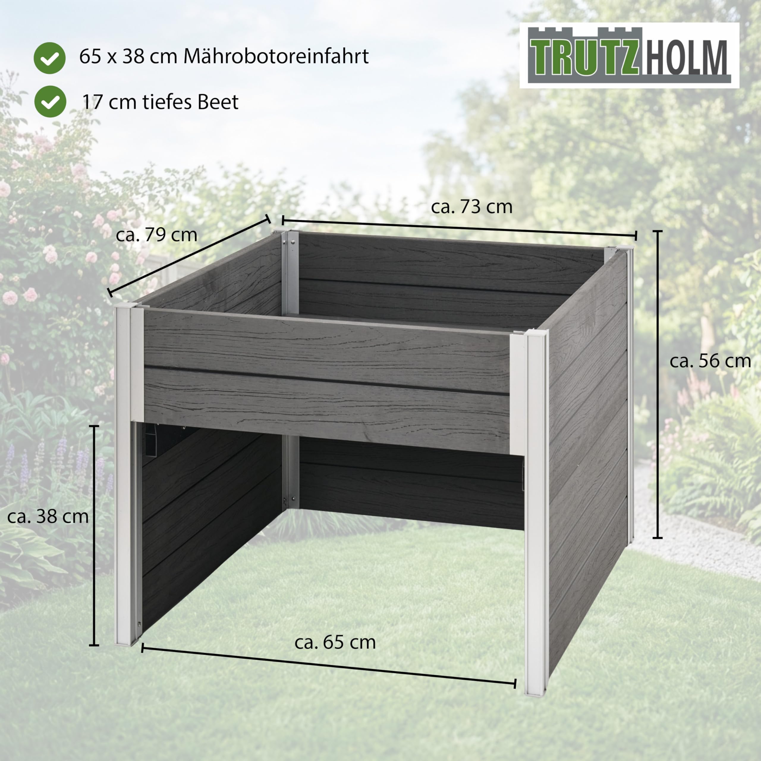TRUTZHOLM Hochbeet mit Mährobotergarage 2in1 Holzoptik 73x79x56 cm Rasenroboter Garage Pflanzkasten anthrazit
