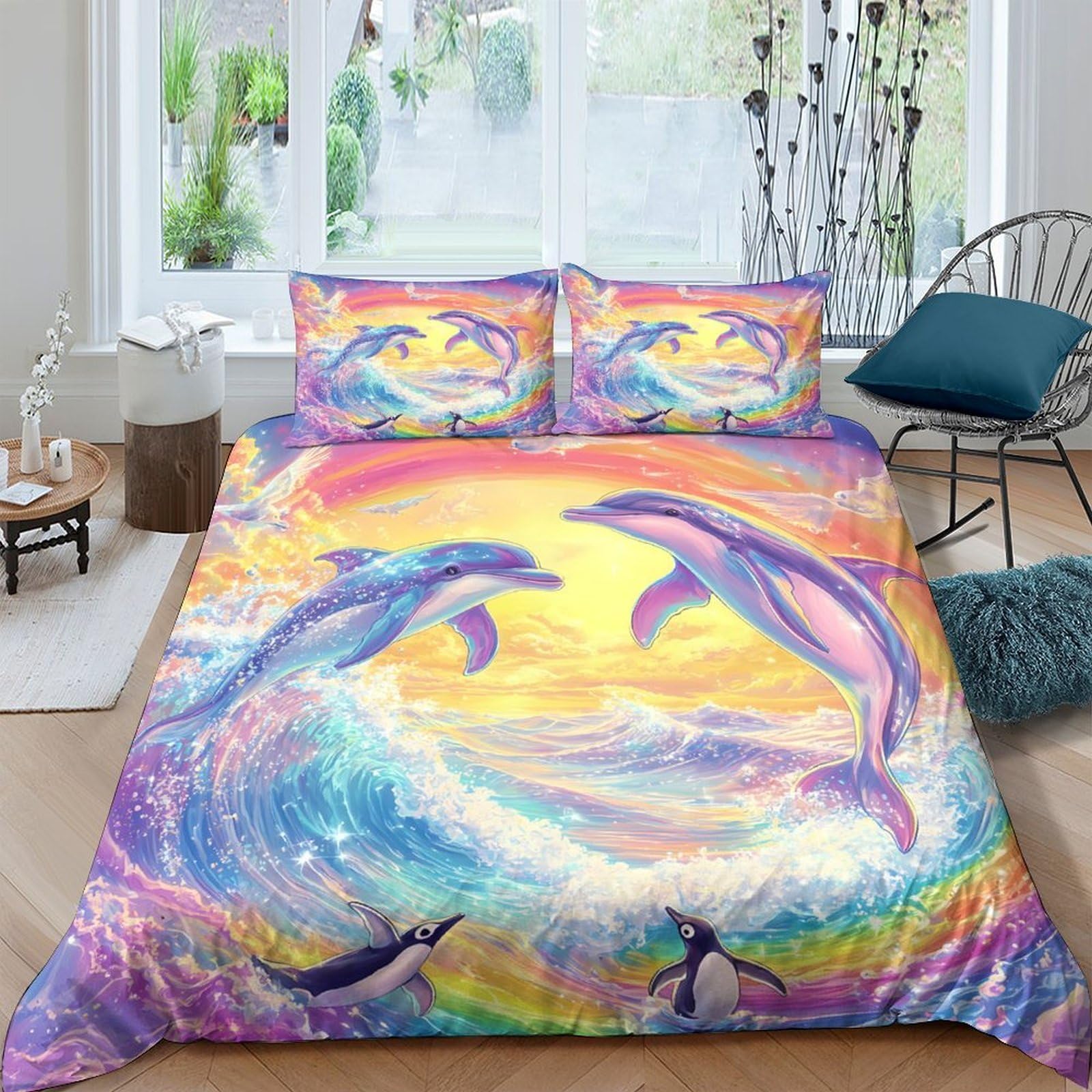 Ctjqhvkz Style-6 3D Printed Ocean Dolphin Fitted Sheet Microfiber Vibrant Sunset Wave Mattress Cover For Bedroom Guest Room Decor Single（135X200cm）
