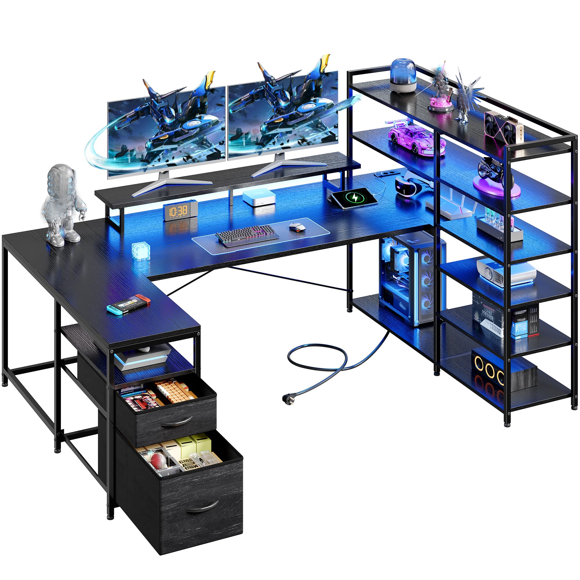 160 × 100cm Eckschreibtisch mit Stauraum und LED | U Form Gaming Tisch mit 2 Schubladen, 6 Regal, Monitorhalterung, Steckdosen, Reversibel, für Homeoffice, Gaming, Schwarz