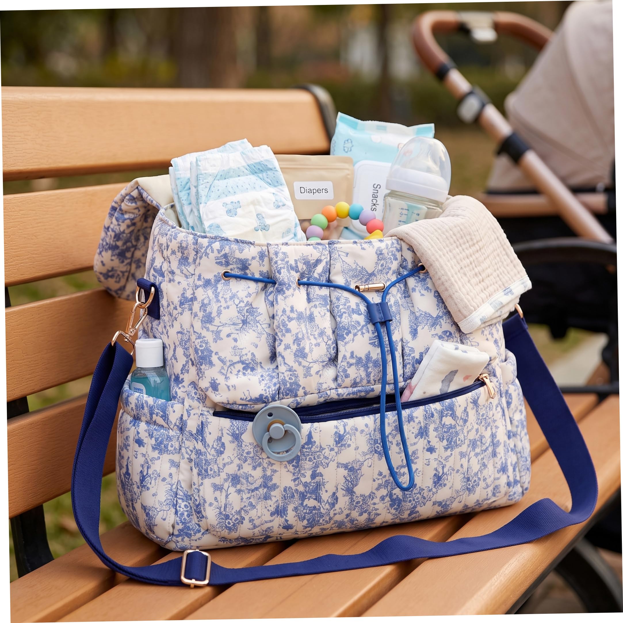 Bolsa de pañales acolchada, linda mochila para pañales con almacenamiento dividido, azul