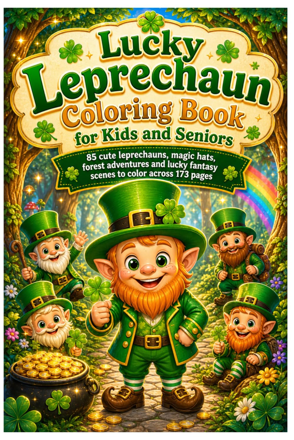 Lucky Leprechaun Coloring Book for Kids and Seniors: 85 cute leprechauns, magic hats, forest adventures and lucky fantasy scenes to color across 173 pages