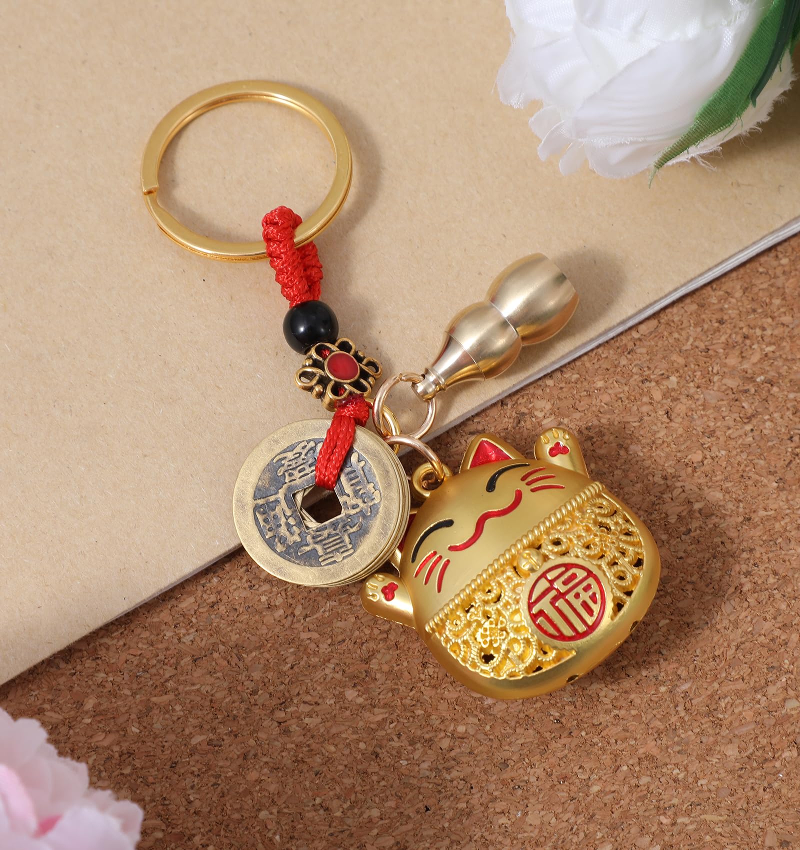 Maneki Neko Talizman na szczęście, japoński talizman z pięcioma monetami cesarskimi i dynią, 9,8 cm, figurka kota dla dobrobytu i ochrony