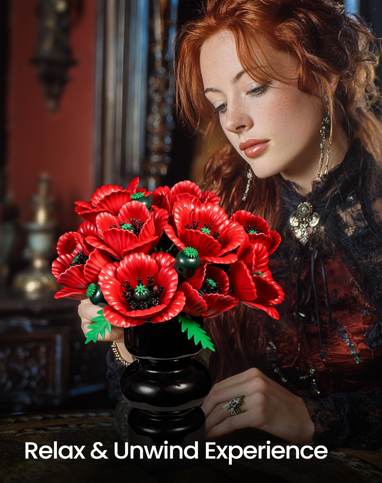 iATOM Red Poppy Flower Bouquet Building Set, 12Pcs Artificial Botanical Collection for Adults - Gift for Mother's Day for Her/Mom/Girlfriend/Wife/Couple, Home Table Centerpiece Decor Aesthetic