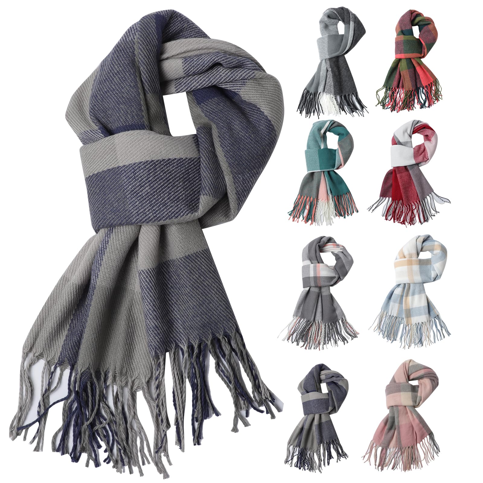 Fjquamitix Women's Blue + Gray Tartan Cashmere Scrarf, Scarves Wraps Winter Long Soft Warm Tassel Shawls Stole Gifts For (Blue + Gray)