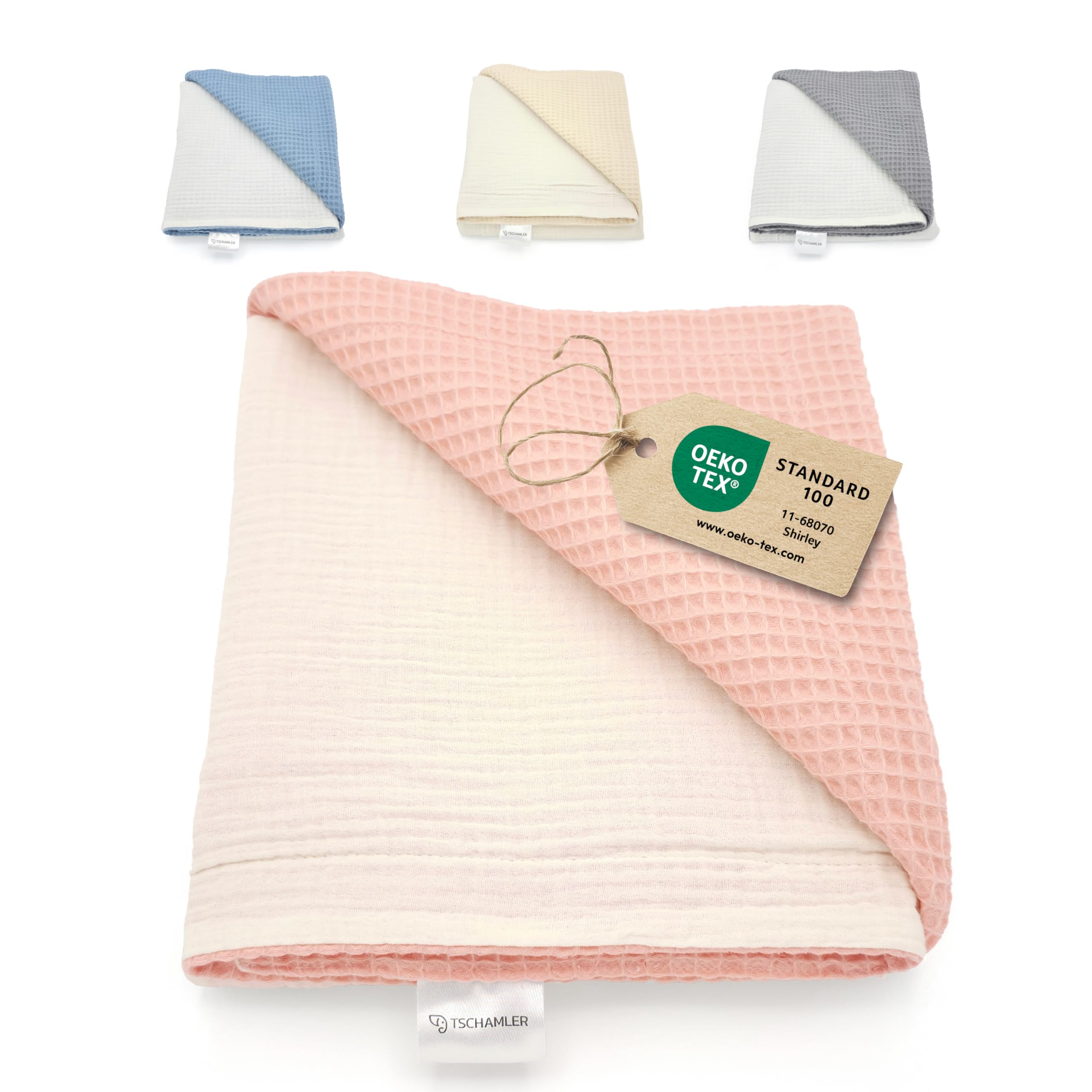 TSCHAMLER® Babydecke 100% Baumwolle – Musselin-Waffelpique, Oeko-TEX® geprüft, Baby Decke als Geschenk für Neugeborene, liebevoll verpackt als Geschenk, 80 x 100 cm – Rosa