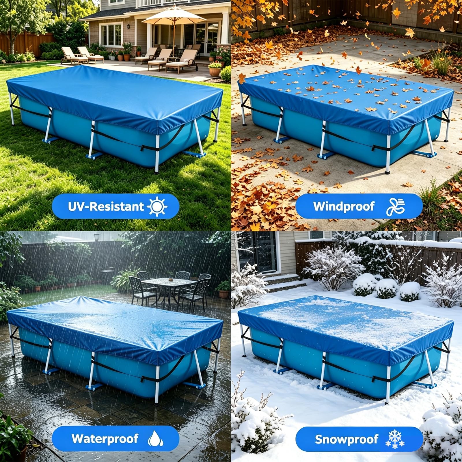 Bâche de piscine rectangulaire de 300 x 200 cm avec élastique intégré et sangle solide - Montage facile - Empêche le glissement (bleu)