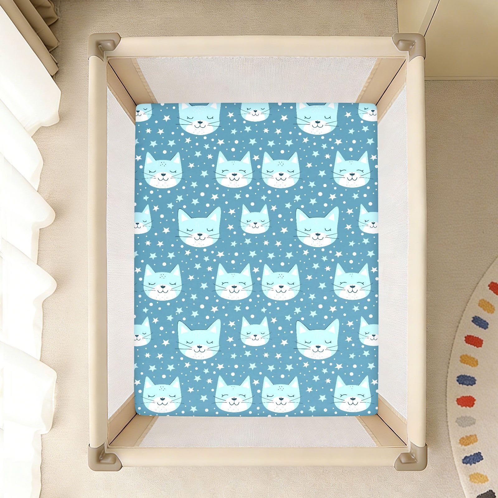 Blue Cats Stars Lenzuola per culla in cotone ultra morbido per lettino per bambini per la cameretta dei bambini, confezione da 1