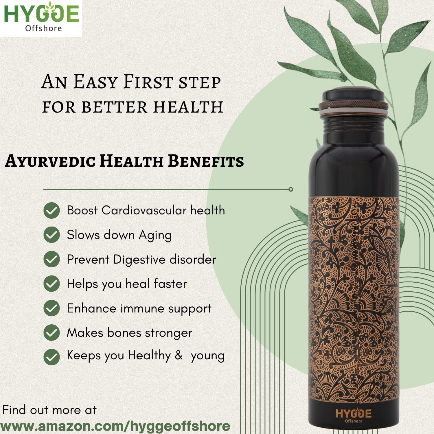 HYGGE Copper Water Bottle, 34 Oz Extra Large, A Antique Engraved Ayurvedic Pure Copper Vessel for Drinking, Drink More Water - Image 4