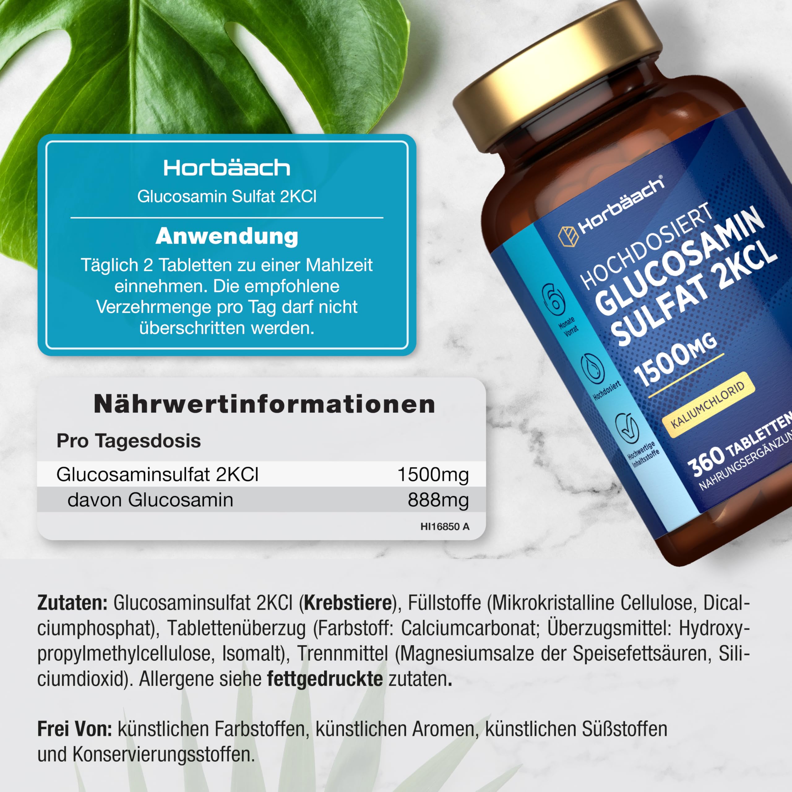 Glucosamin Sulfat 1500mg 2KCl | Glucosaminsulfat | 360 Hochdosiert Tabletten | Glucosamine Sulphate | von Horbaach