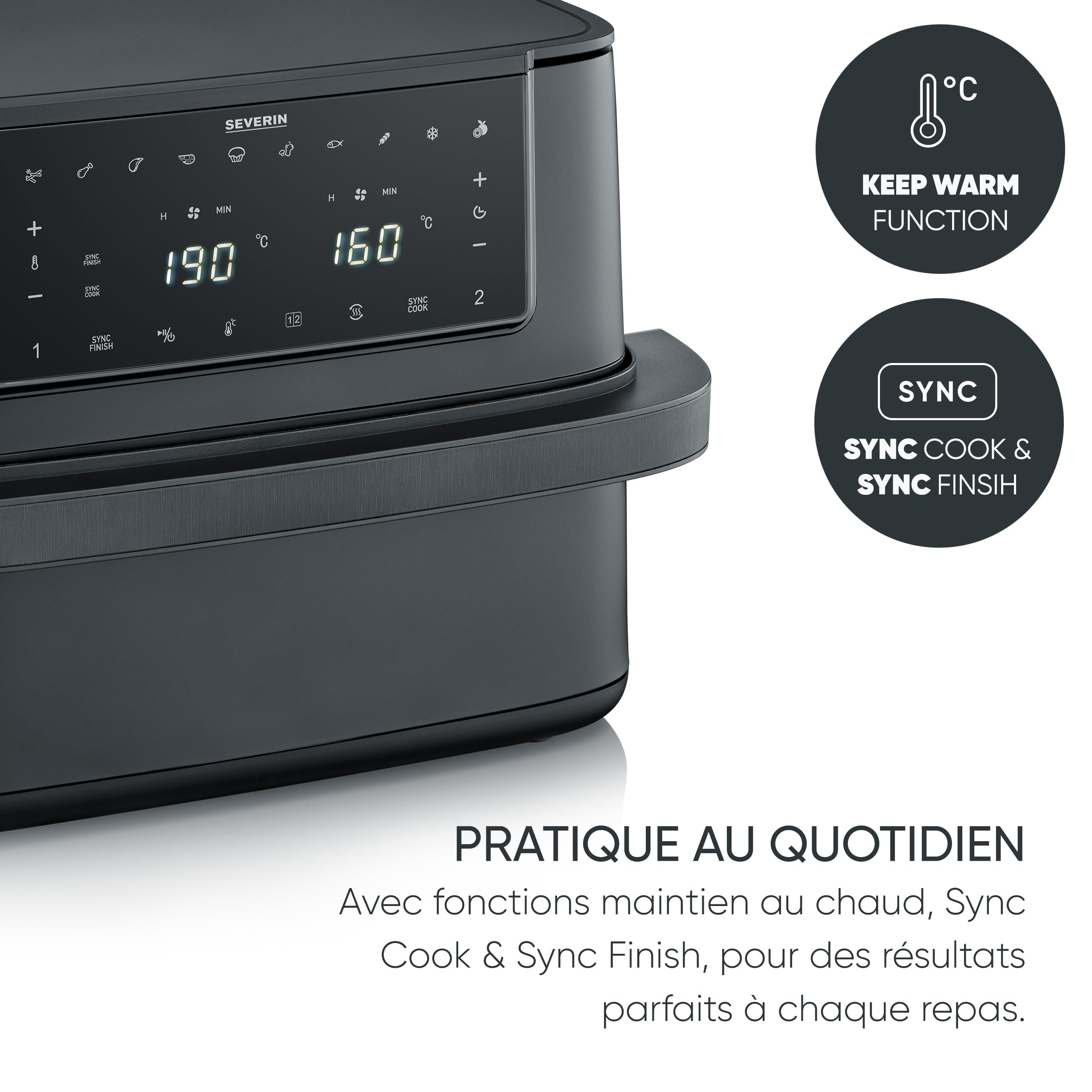 SEVERIN Friteuse à air chaud « Max Zone Flex », Friteuse sans huile avec technologie à air chaud, Air fryer à panier modulable de 9 L, Multicuiseur avec 10 programmes, Noir, FR 9599