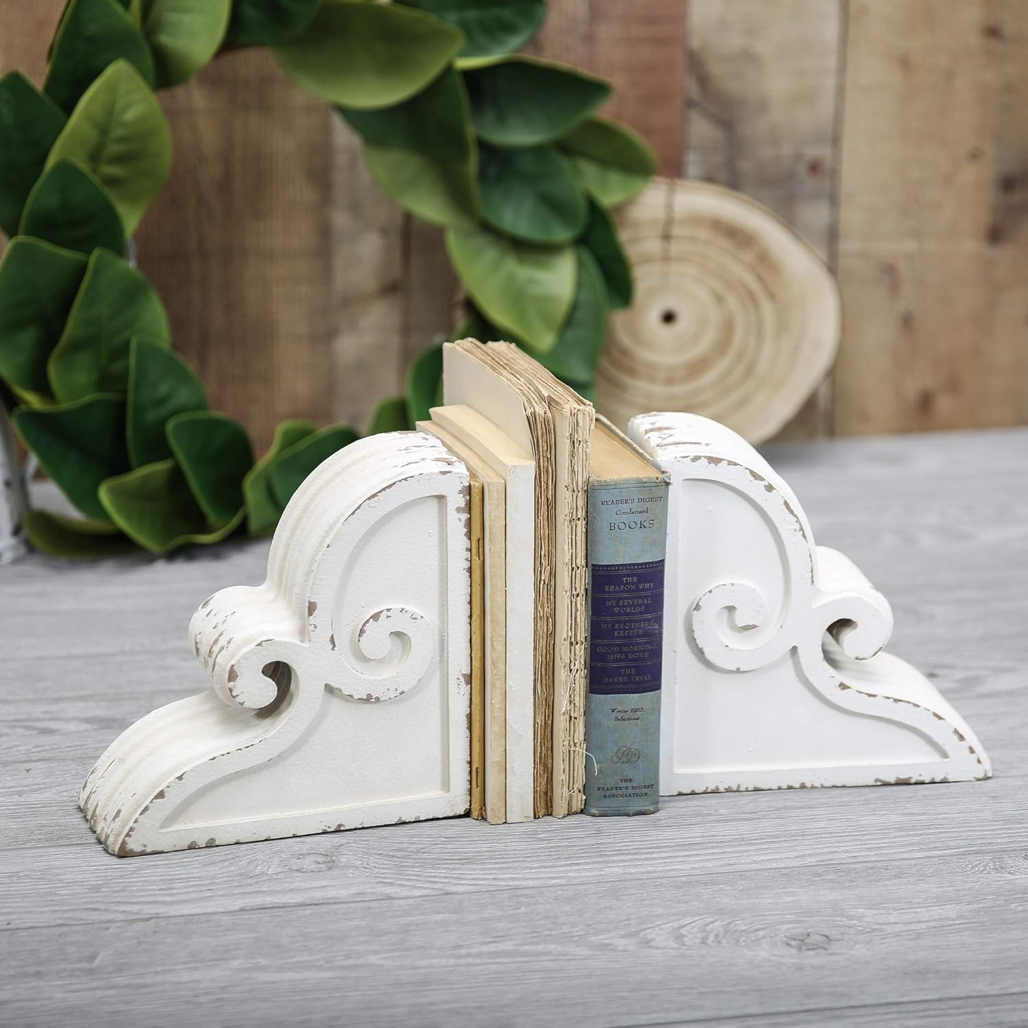 ilvercloud Trading Co. Corbels Bookends or Brackets Set of 2!! Fluted Curly Cue (Two corbels) Rustic Distressed Creamy White Architectural Display C