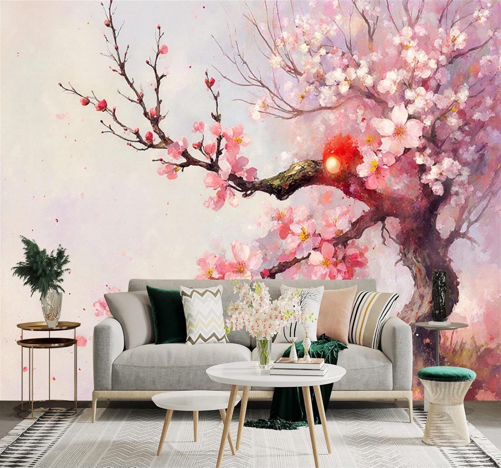 Tzxztt Hand Painted Watercolour of A Cherry Blossom Tree in Full Bloom At Sunrise Modern 3D Wallpaper Premium Textured Silk Neutral Tones Material Ideal for Living Room Bedroom-400cm×280cm