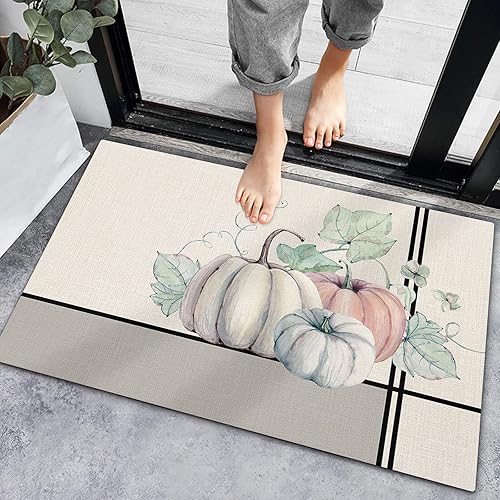 Bath Rugs Entrance Non Slip Front Door Mat Farmhouse Pumpkin Thanksgiving Kitchen Carpets Rustic Maple Leaves Floor Mats for Bathroom Bedroom Living