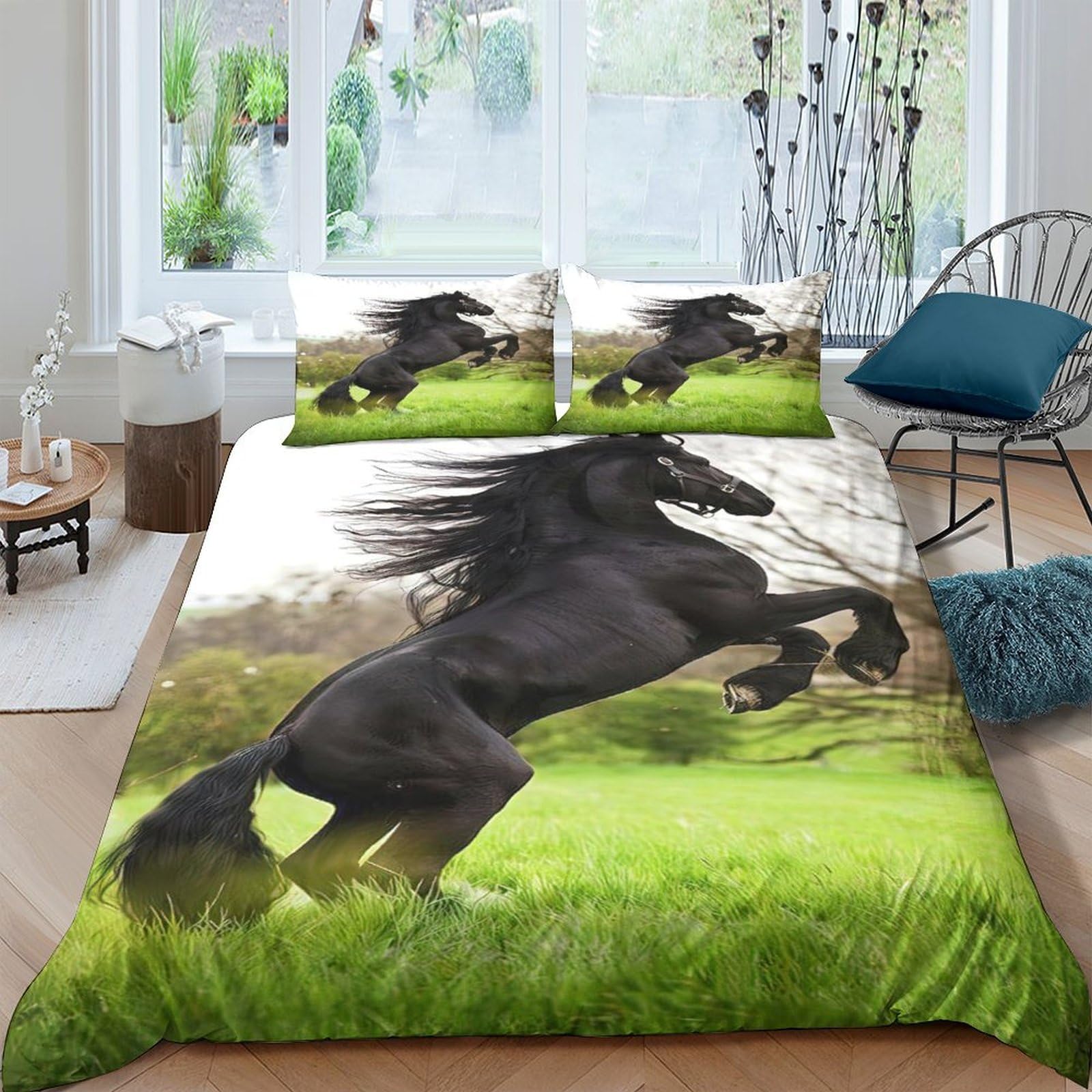 Ctjqhvkz Style-4 3D Printed Black Horse Fitted Sheet Microfiber Soft Breathable Wild Stallion Mattress Cover For Bedroom Guest Room Decor Single（135X200cm）
