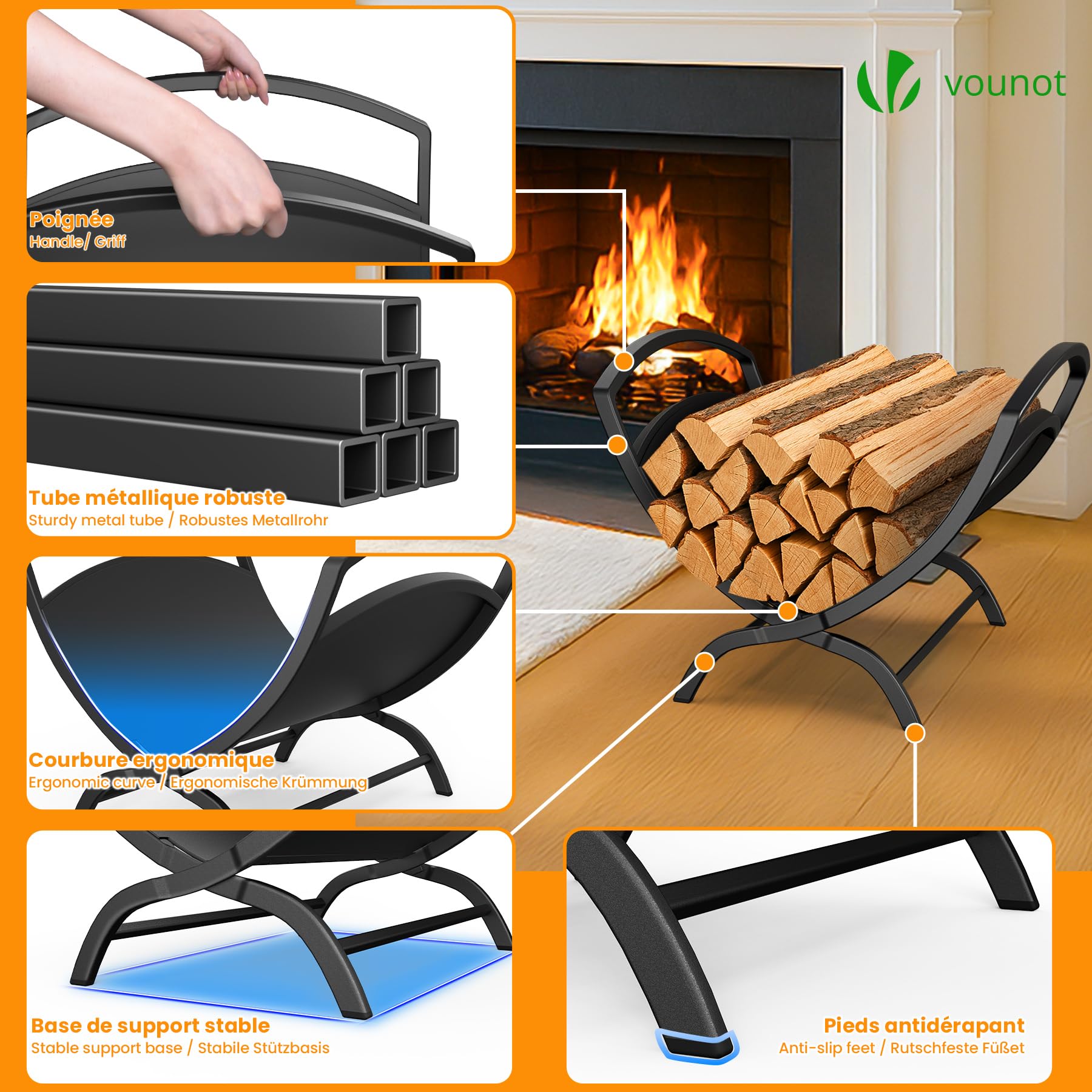 VOUNOT® Kaminholzregal Metall, X-förmiges Brennholzregal mit stabilem Sockel und Griff, Kaminholzständer für Kamin & Ofen, Feuerholzregal Innen und Aussen, 40,5 x 32 x 33 cm, Schwarz